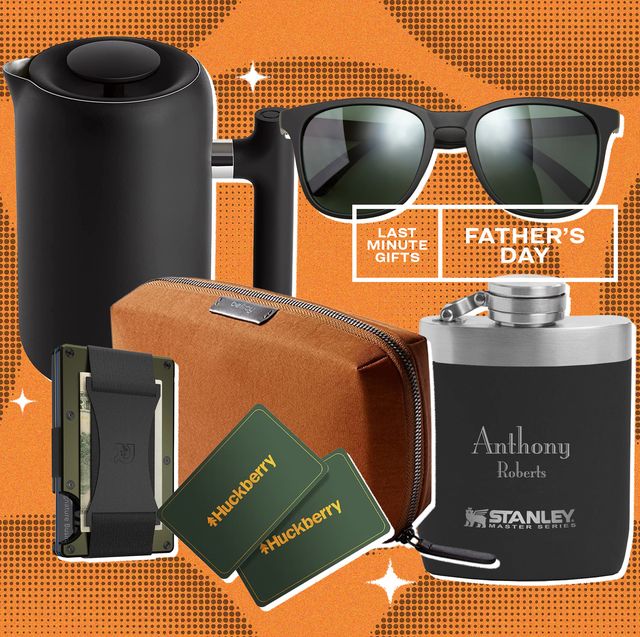 collage of a french press, sunglasses, wallet, gift cards, toiletry bag, and flask