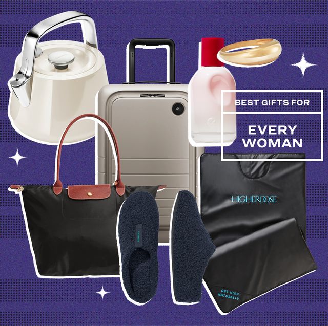 collage of a tea kettle, a suitcase, a purse, slippers, moisturizer, a gold ring, and an infrared blanket