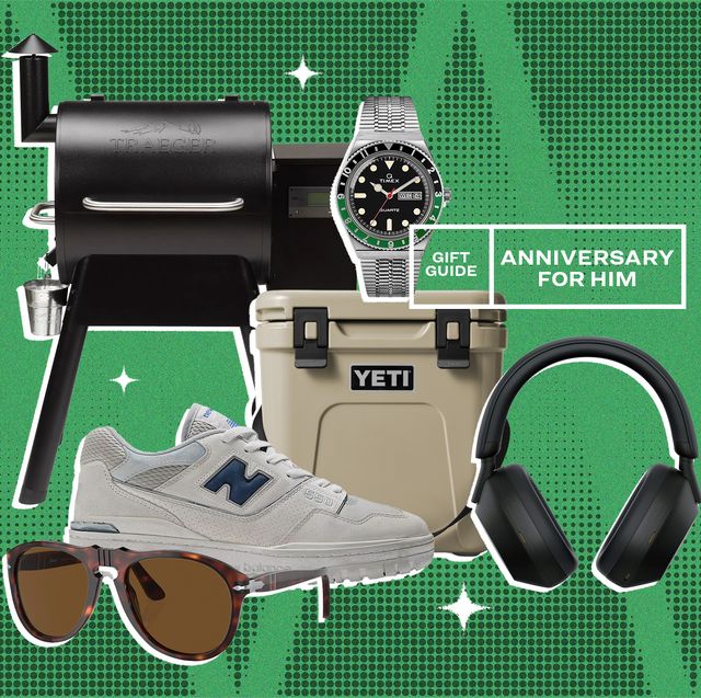 collage of a grill, a watch, a cooler, a shoe, headphones, and sunglasses