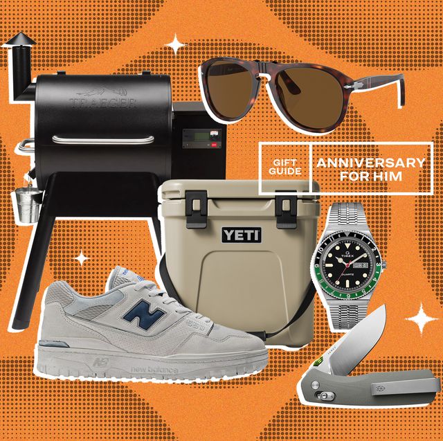 collage of a grill, sunglasses, a cooler, a new balance sneaker, a watch, and a knife
