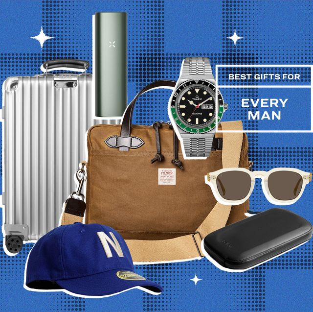 collage of a suitcase, a vape, a watch, a hat, sunglasses, and a bag
