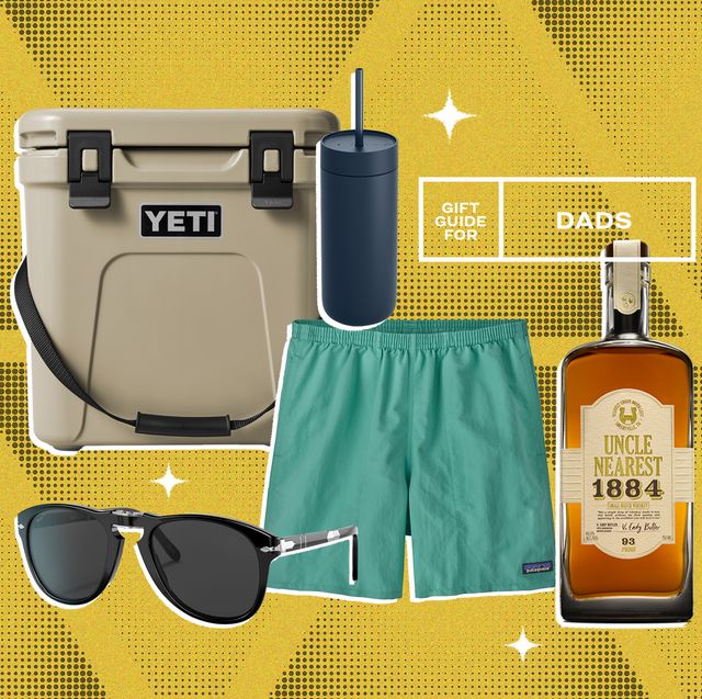 collage of a cooler, a tumbler, sunglasses, swim trunks, and a bottle of whiskey