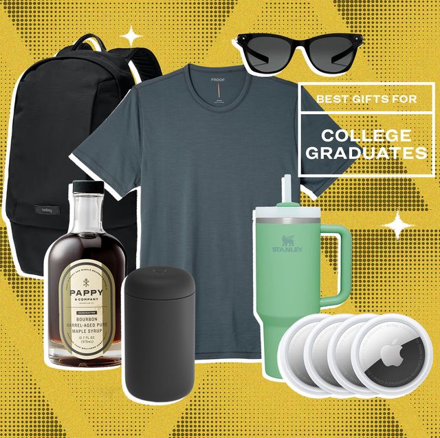 collage of a backpack, tshirt, maple syrup, a thermos, a water cup, sunglasses and airtags