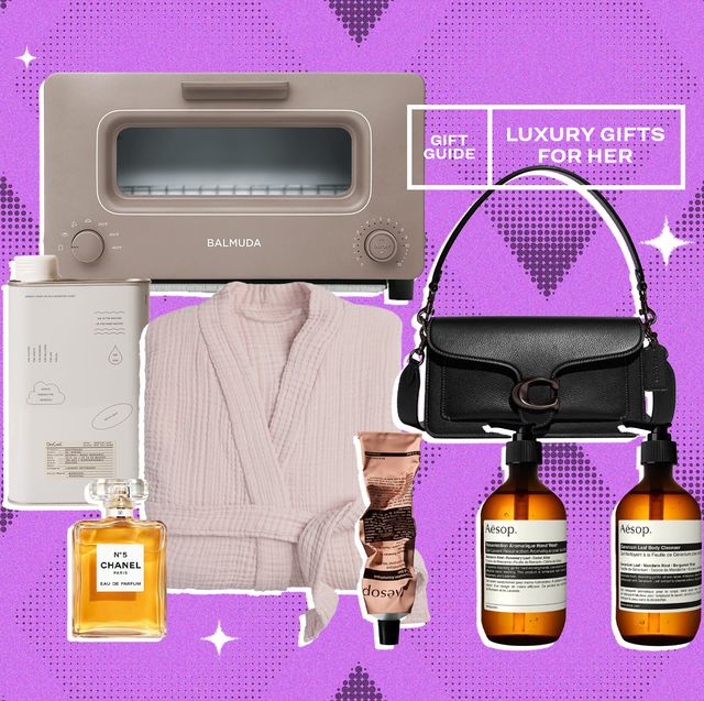 collage of a toaster, a robe, a purse, perfume, soap, and lotion