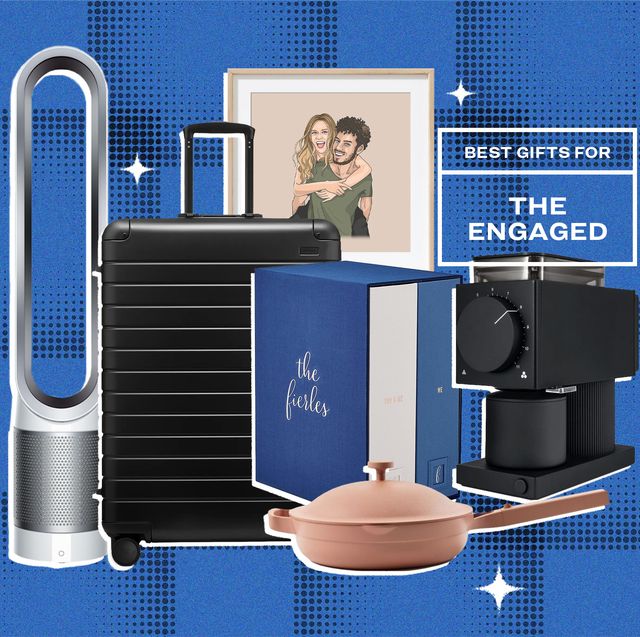 collage of an air purifier, a suitcase, a pan, a photo book, a coffee grinder, and framed art