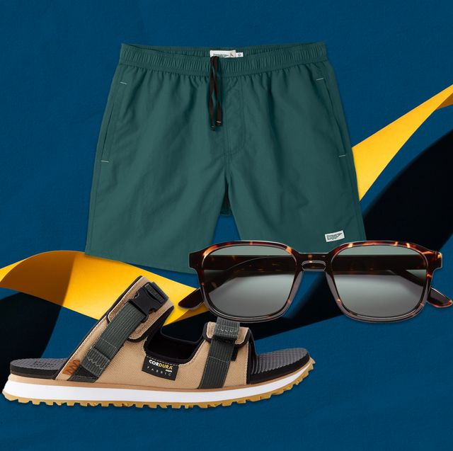 collage of shorts, sunglasses, shoe