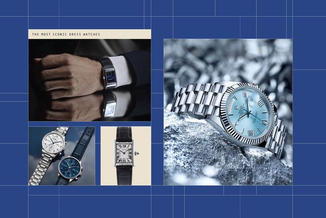 collage of dress watches on a blue grid background