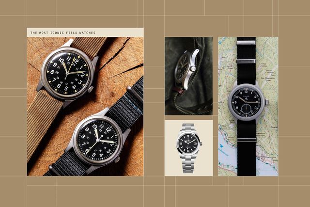 collage of field watches on a grid background