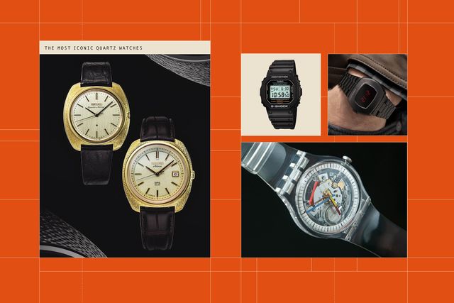 collage of quartz watches on an orange grid background