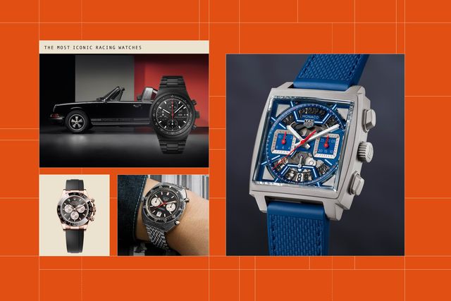 collage of automotive watches on an orange grid background