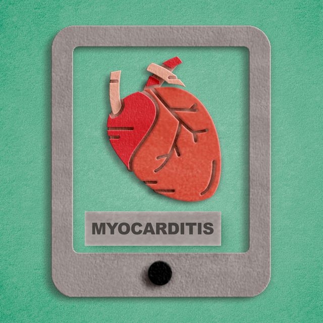 conceptual image of myocarditis disease with digital table made of craft paper in green background