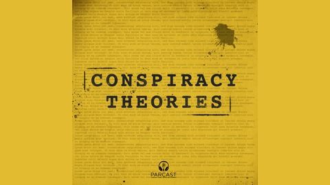 conspiracy theories in black against a yellow background with a blood splat