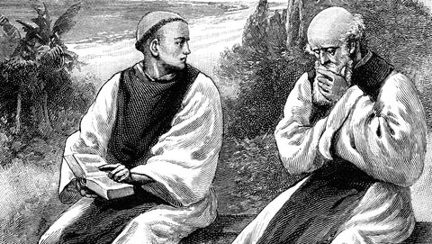 twee monniken met een kaal hoofd