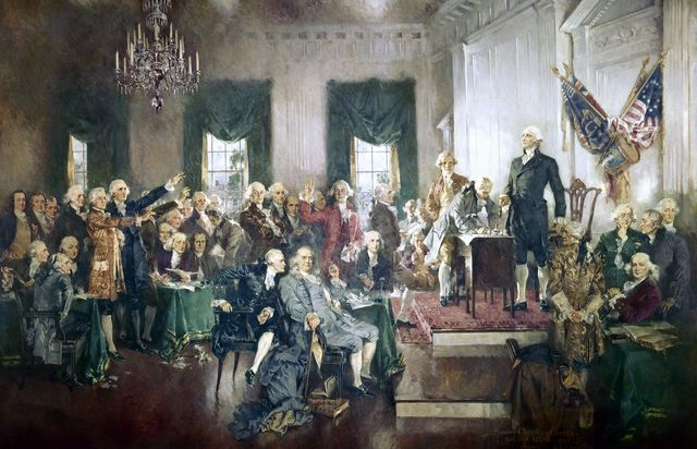 the signing of the constitution of the united states, with george washington, benjamin franklin, and thomas jefferson at the constitutional convention of 1787 oil painting on canvas by howard chandler christy, 1940 the painting is 20 by 30 feet and hangs in the united states capitol building photo by graphicaartisgetty images