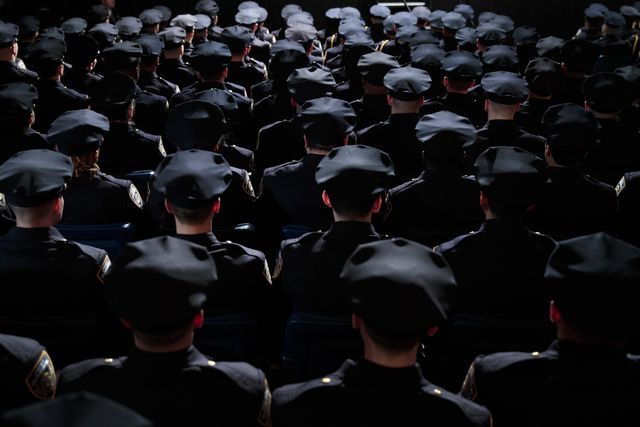 new york, ny   march 30 the newest members  of the new york city police department nypd attend their police academy graduation ceremony at the theater at madison square garden, march 30, 2017 in new york city over 600 new officers were sworn in during the ceremony photo by drew angerergetty images