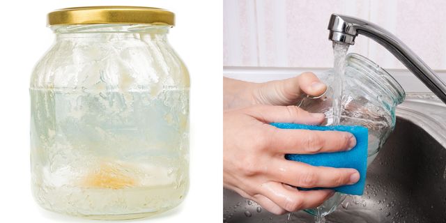 dirty glass jar next to glass jar being washed in the kitchen sink