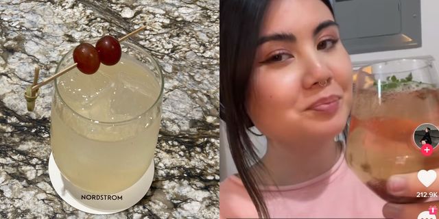 vodka and wine spritzer with two grapes on a skewer as garnish next to a tiktok screenshot of a woman drinking the same spritzer