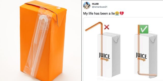 an unopened juice box next to a twitter post of a diagram with two juice boxes, one with the straw right side up and the other upside down