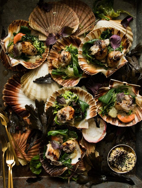 Gegrilde coquilles Saint-Jacques met lardo en gesmoord groen gegrilde coquilles saint jacques met lardo en gesmoord groen