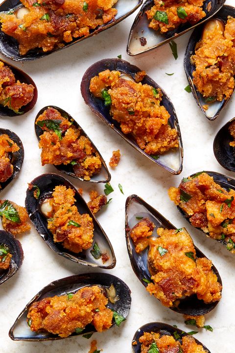 mussels stuffed with cornbread and spanish chorizo