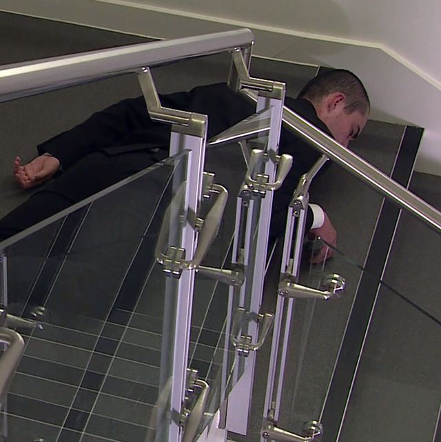 corey brent falls down the stairs in coronation street