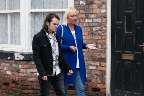 Seb Franklin and Eileen Grimshaw are unaware they're being watched by Rachel in Coronation Street Seb Franklin and Eileen Grimshaw are unaware they're being watched by Rachel in Coronation Street
