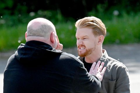 Mikey North as Gary Windass, filming for Coronation Street