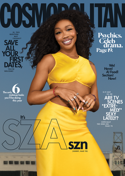 february 2021 cosmopolitan cover of singer sza, wearing a yellow gold top and skirt in front of a city background