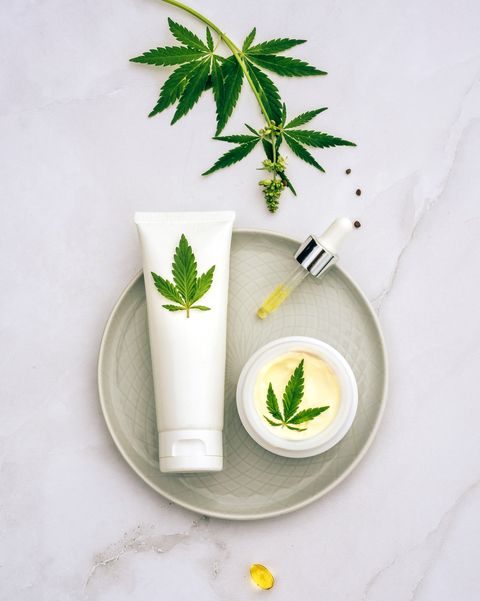 cosmetics cbd oil cosmetic products with cannabis oil tincture flat lay