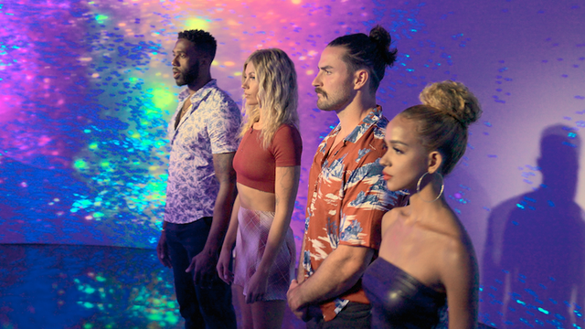 a still of four participants in the amazon prime video reality show cosmic love