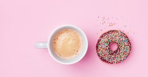 Pink, Cup, Coffee cup, Cup, Teacup, Drink, Food, Doughnut, Non-alcoholic beverage, Coffee, 