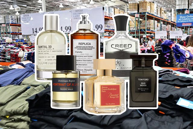 collage of 6 cologne bottles over an image of costco