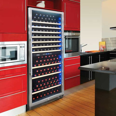 Refrigerator, Major appliance, Kitchen, Countertop, Red, Room, Cabinetry, Product, Home appliance, Furniture, 