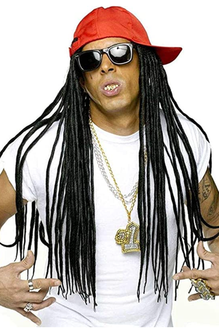 a man in a red hat with attached dreads wearing chains and a white t shirt