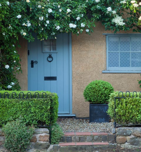 A cottage doorway and window framed by climbing white and pink roses and a white hydrangea in Northamptonshire a cottage doorway and window framed by climbing white and pink roses and a white hydrangea in northamptonshire