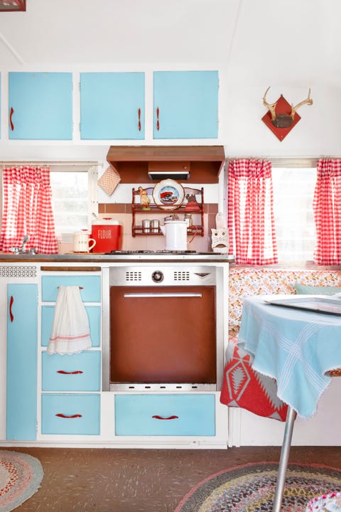 Small Camper Kitchen with Turquoise Cabinets