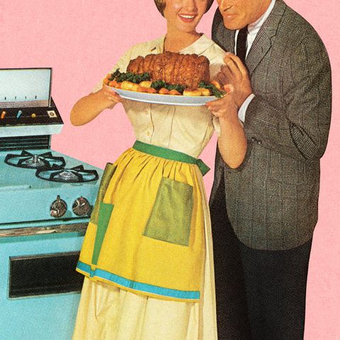 Ilustración años 60: mujer cocinera y hombre.