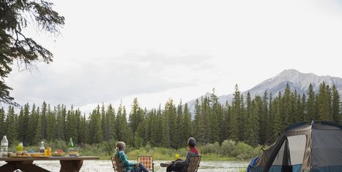 Couple admiring view from campsite