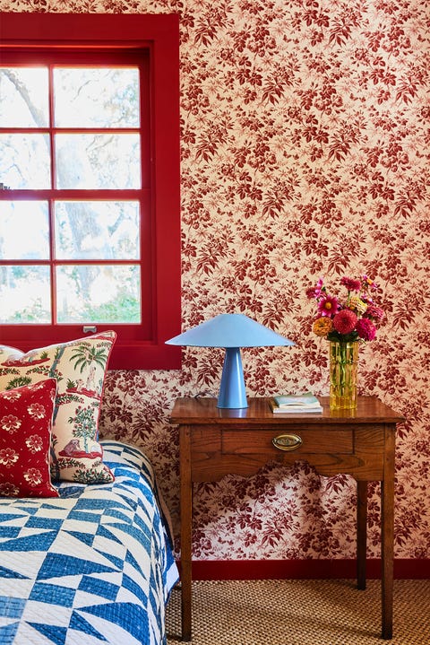 cozy red and blue bedroom