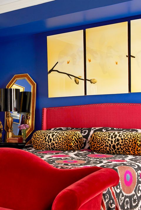 cozy blue and red bedroom