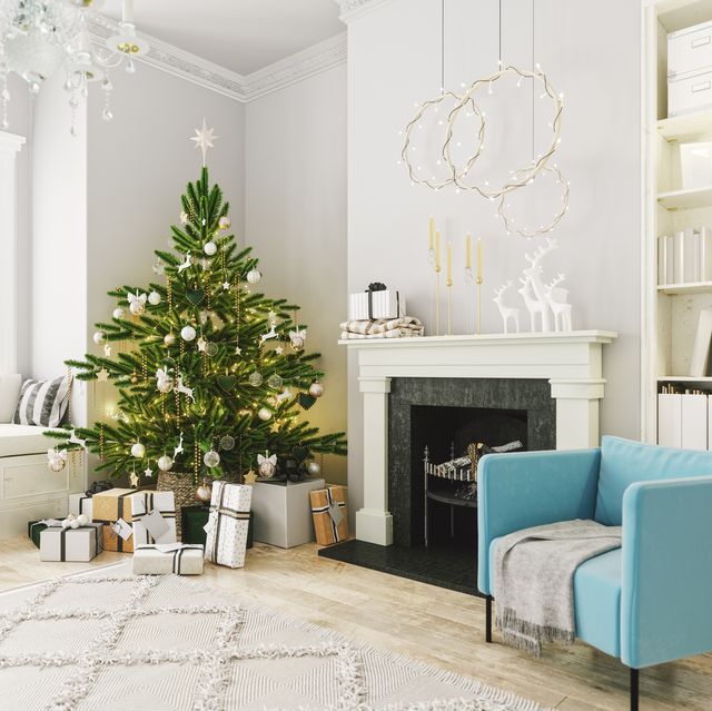 cozy living room with fireplace and christmas decoration