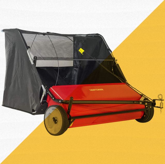 red and black handyman lawn sweeper against white and yellow background