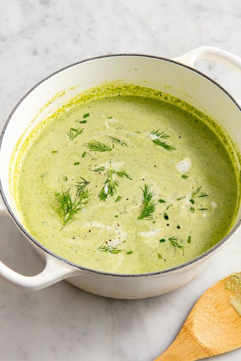 cream of asparagus soup garnished with dill