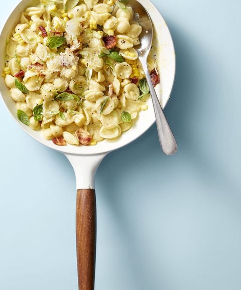 creamy corn pasta with bacon and scallions