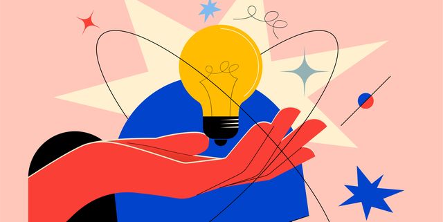 creative mind or brainstorm or creative idea concept with abstract human head silhouette and hand holding bulb lamp surrounded abstract geometric shapes in bright colors vector illustration