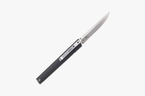 a slim pocket knife with a black handle