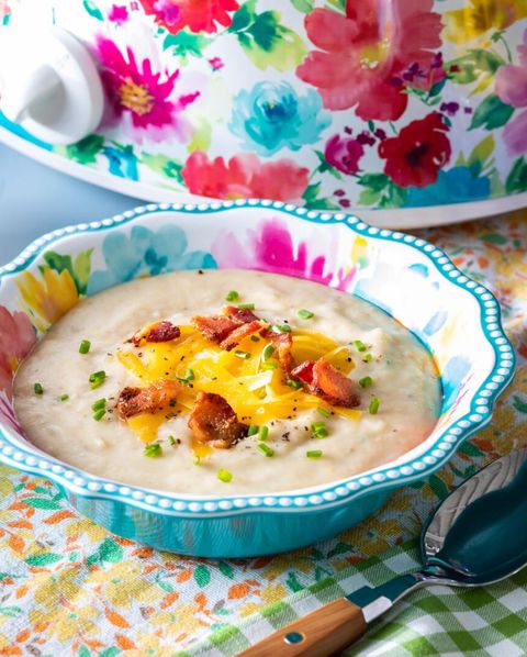 slow cooker potato soup recipe with slow cooker in the background