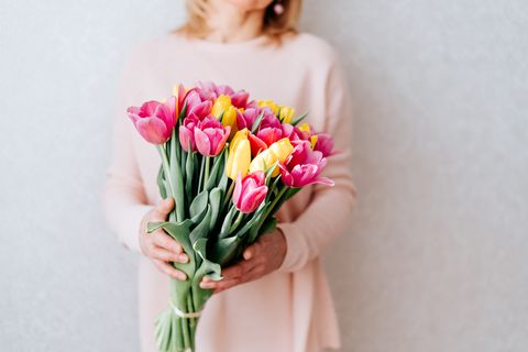 cropped woman and holding bouquet of pink and yellow tulip flowers white background, copy space
