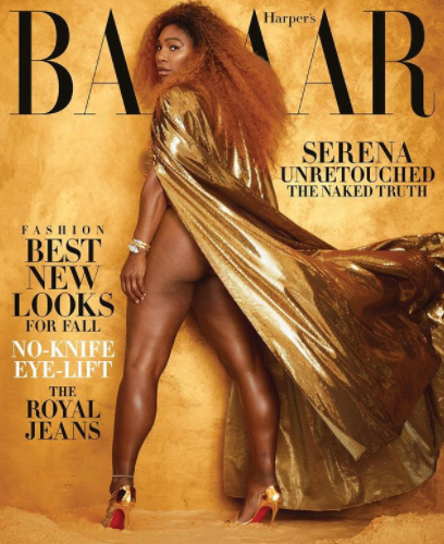 serena williams  posando con un vestido dorado y el culo al descubierto en la revista harper's bazaar