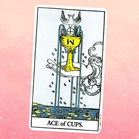the tarot card the ace of cups, showing a white hand reaching skyward, holding a golden cup a dove holding a small white circle dives into the cup, sending four jets of water into a pond full of water lilies